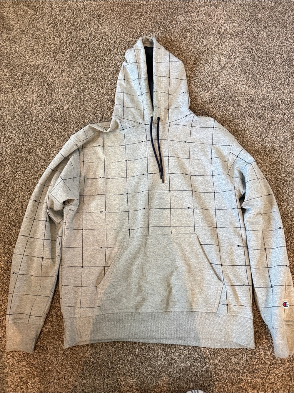 Champion Light Gray Hoodie with Black Grid and Drawstrings